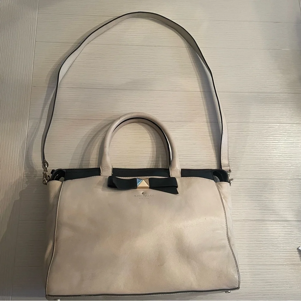 Kate Spade Pebbled Leather Satchel Shoulder Bag Black Nude Bow Purse - Picture 9 of 9